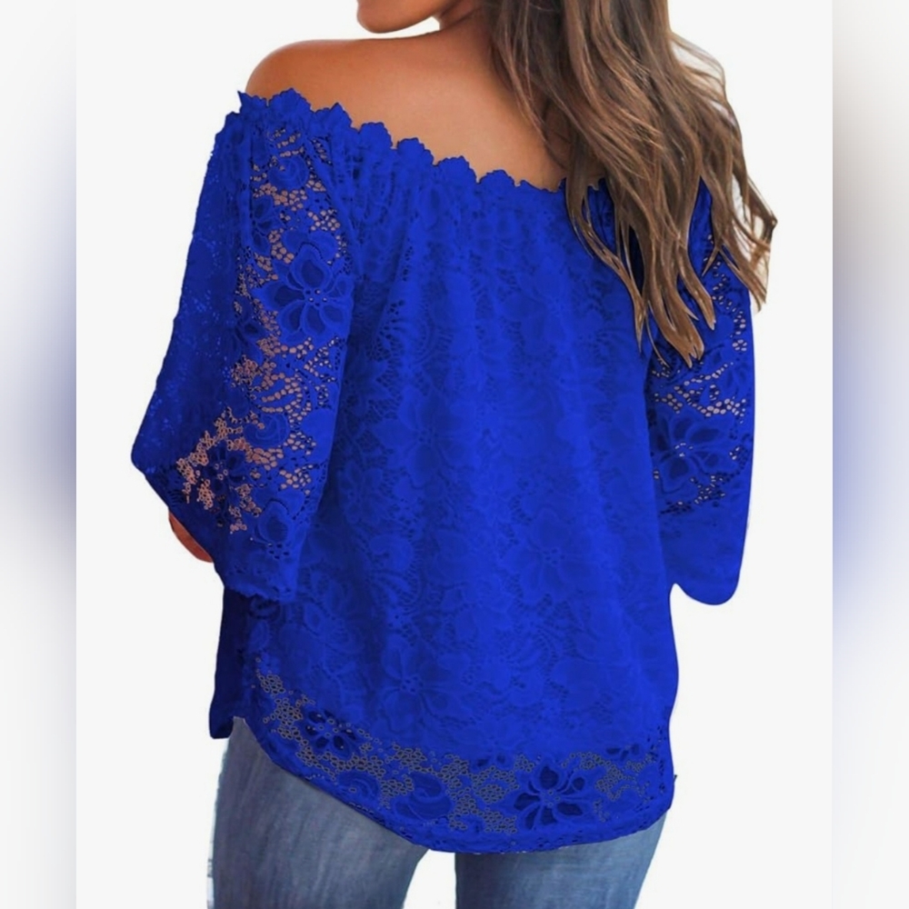 MIHOLL Women's Lace Off Shoulder Tops Casual Loose Blouse Shirts - Picture 3 of 6